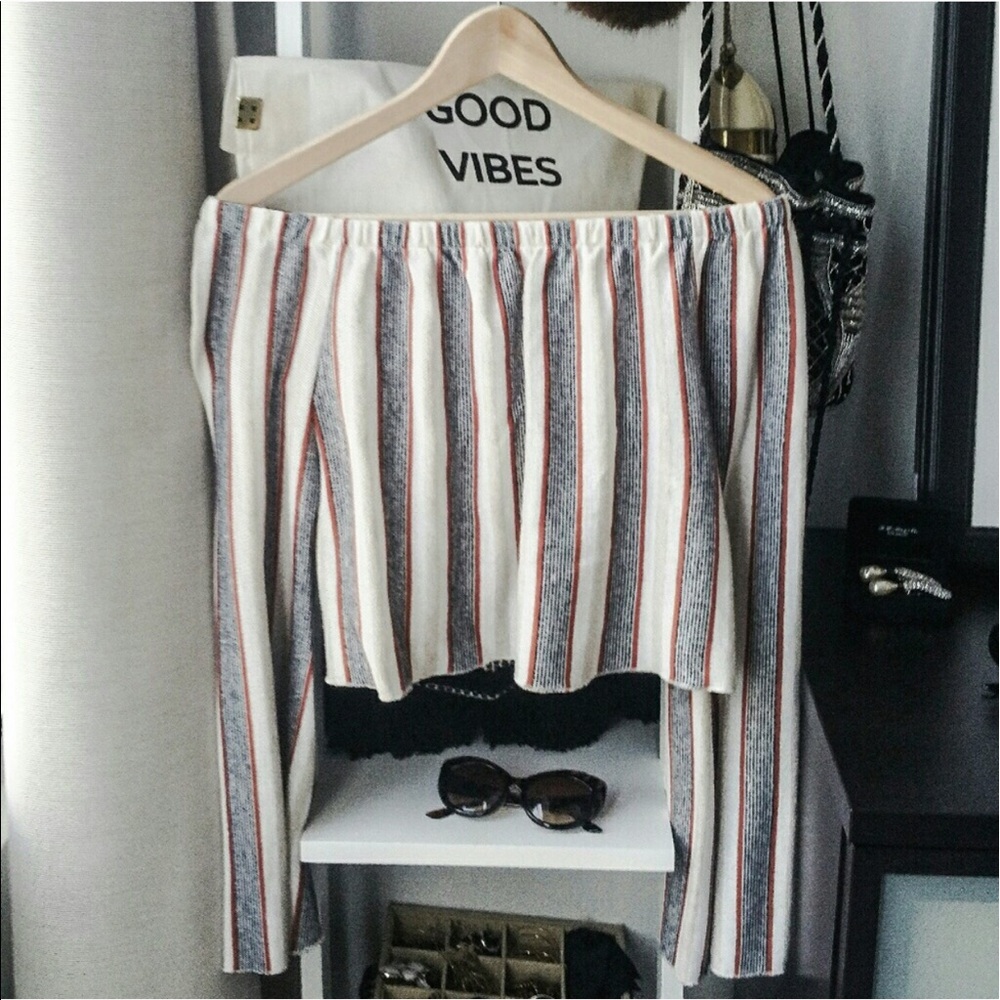 Zara Striped Off-Shoulder Top - Red, White, Gray